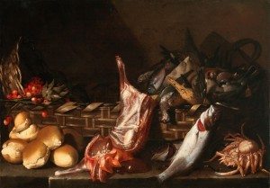 Giovanni Battista Ruoppolo - Natura morta con pani frutta e selvaggina e pesci(1)